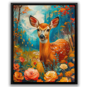 a painting of a deer in a field of flowers