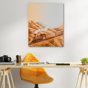 a painting of a train traveling through the desert