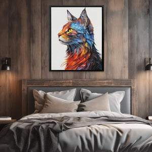 a painting of a cat on a wall above a bed