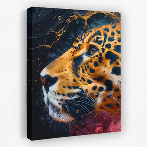 a painting of a leopard's face on a black background