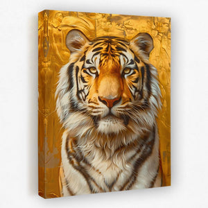 a close up of a tiger's face on a gold background