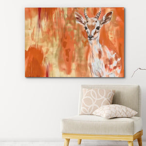 a painting of a deer on a wall above a chair