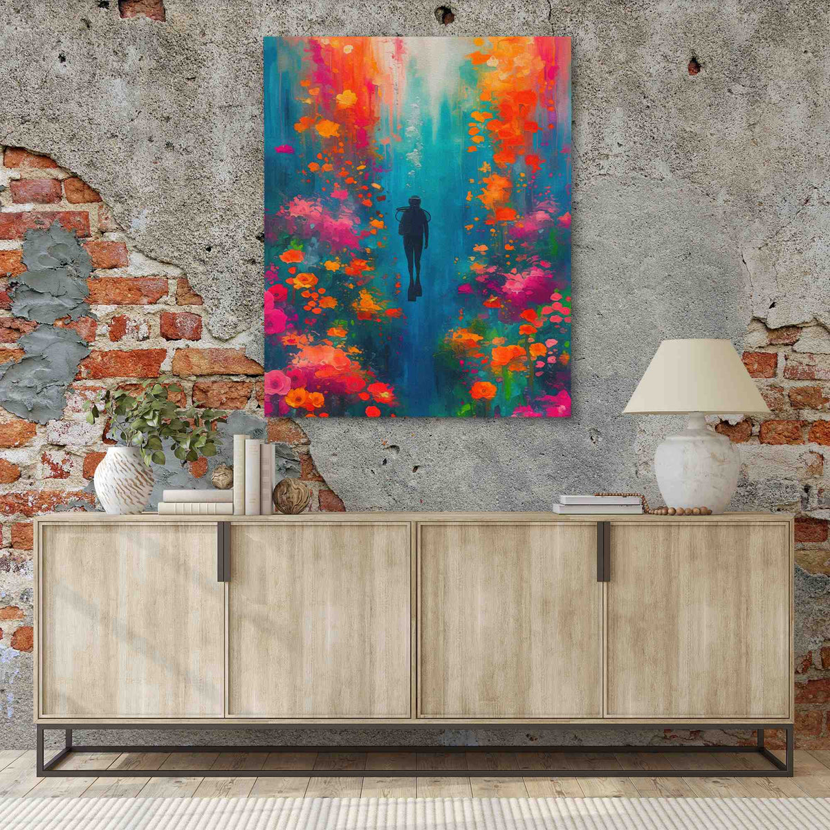 a painting hanging on a brick wall next to a sideboard