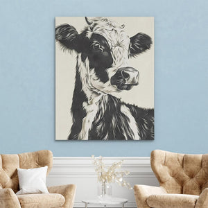 a living room with two chairs and a painting of a cow