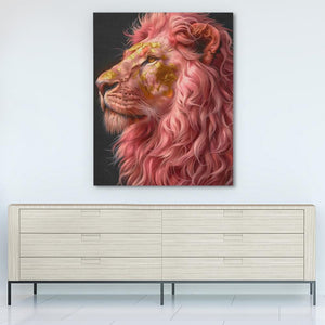 a painting of a lion on a wall above a dresser