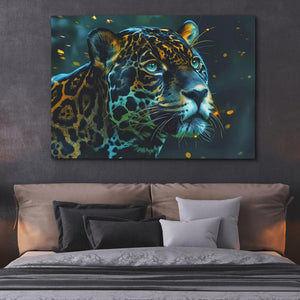 a painting of a leopard on a wall above a bed