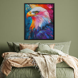 a painting of an eagle on a wall above a bed