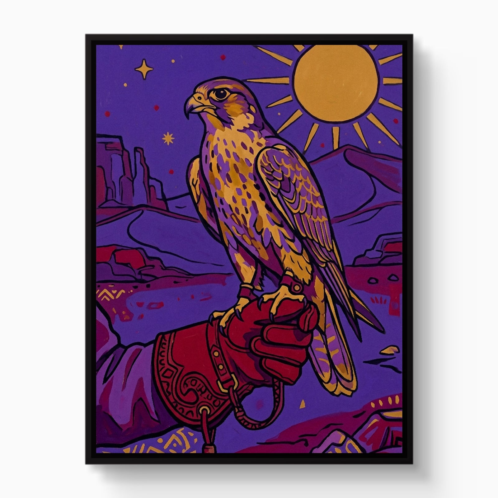 Falcon Over Crimson Dunes — falcon over crimson dunes white studio framed black