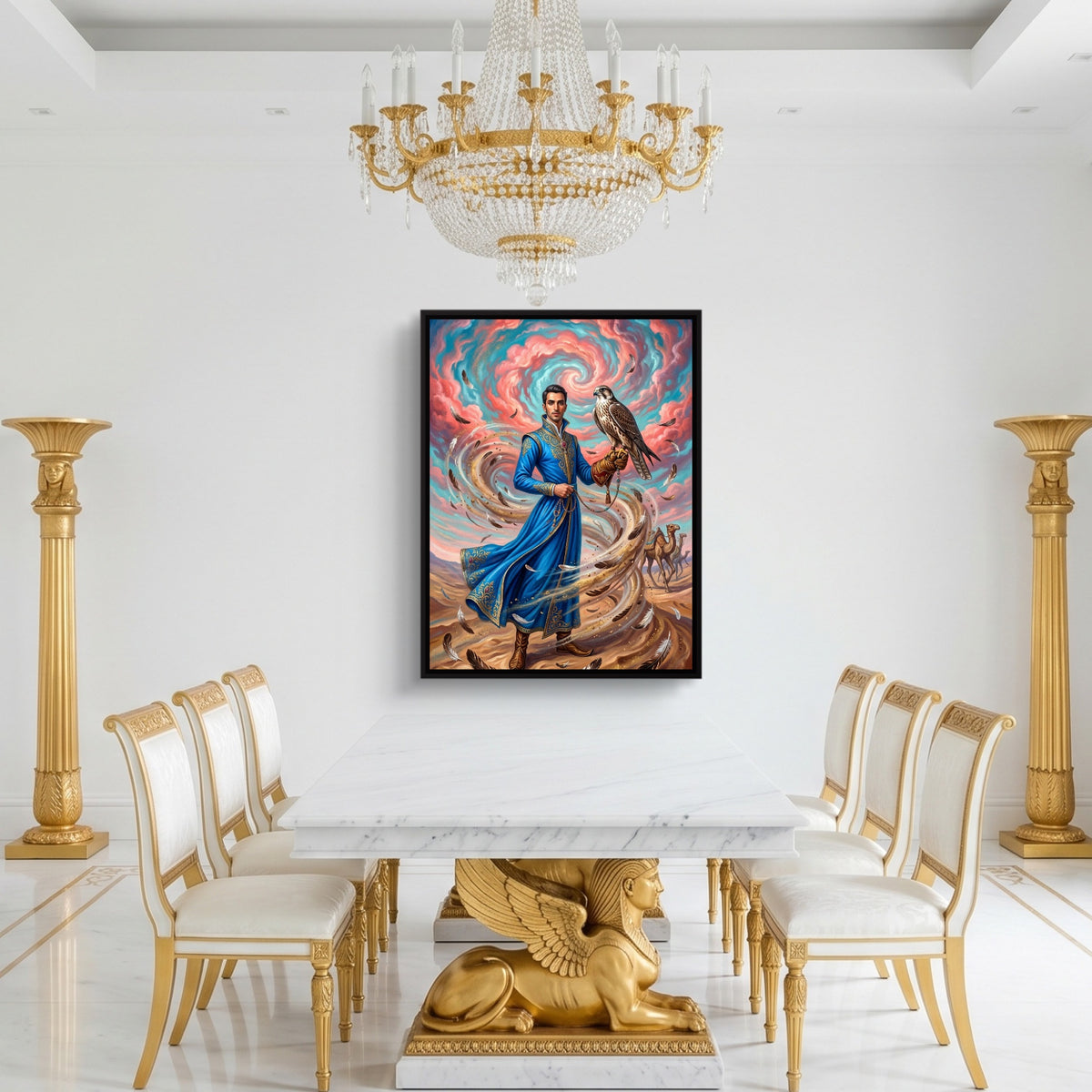 Falconer in Desert Wind — falconer in desert wind sq roman white room 1port framed black