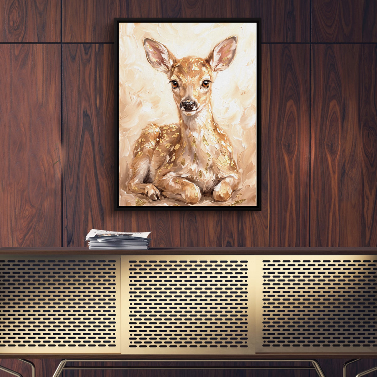 Fawn Dappled Cream — fawn dappled cream sq gold wood wall 1port framed black