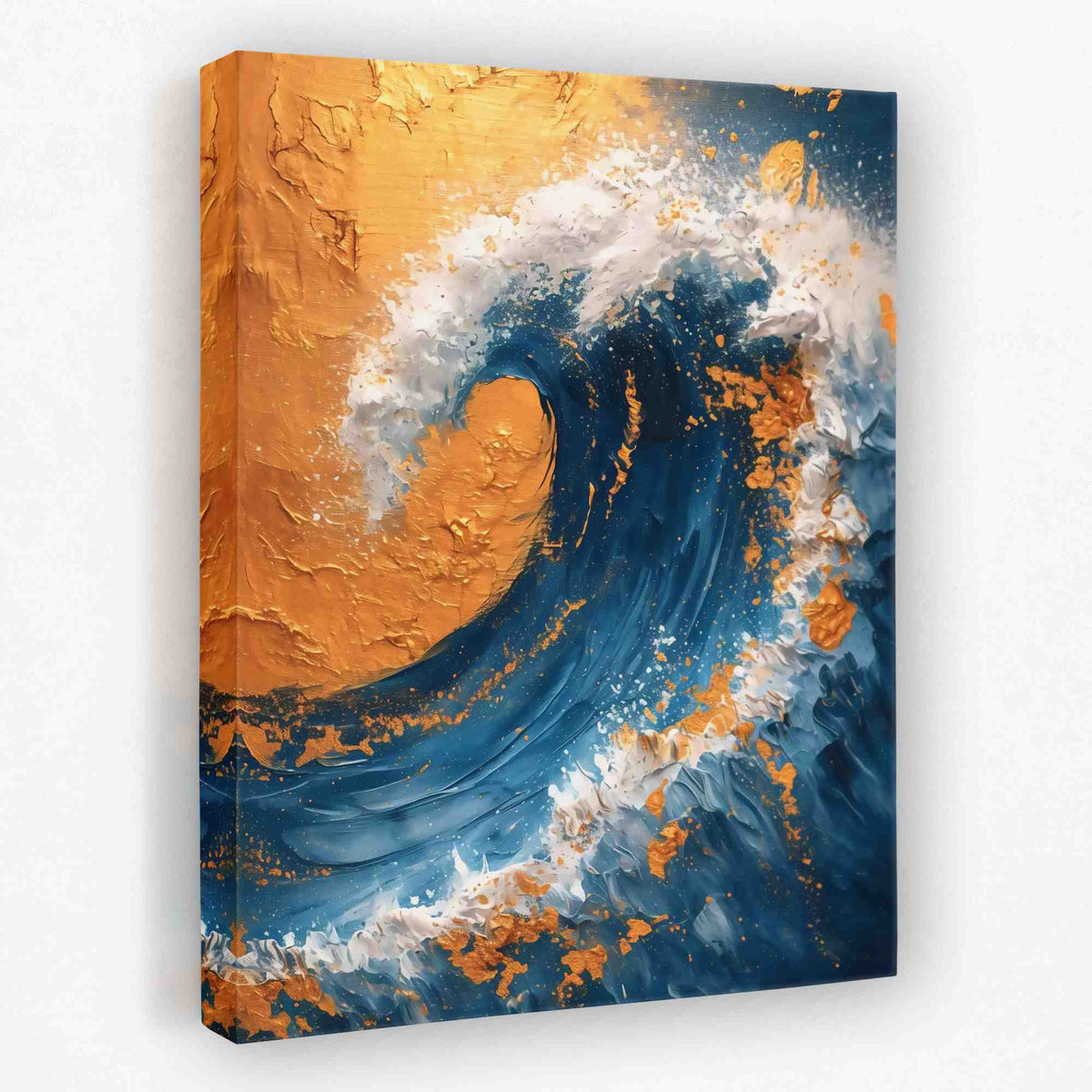 an abstract painting of a wave in gold and blue