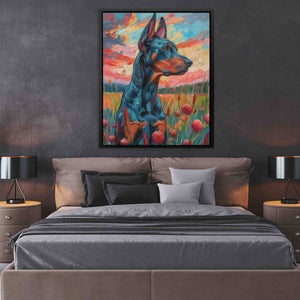 a painting of a doberman in a bedroom