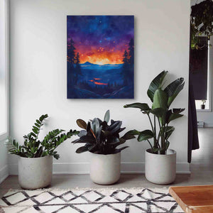 three potted plants sit in front of a painting