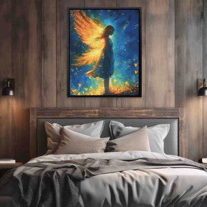 a painting of a woman with wings on a wall above a bed