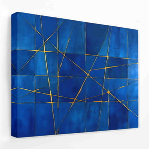 a blue painting with gold lines on it
