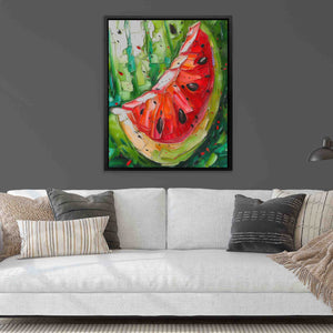 a painting of a watermelon slice on a gray wall