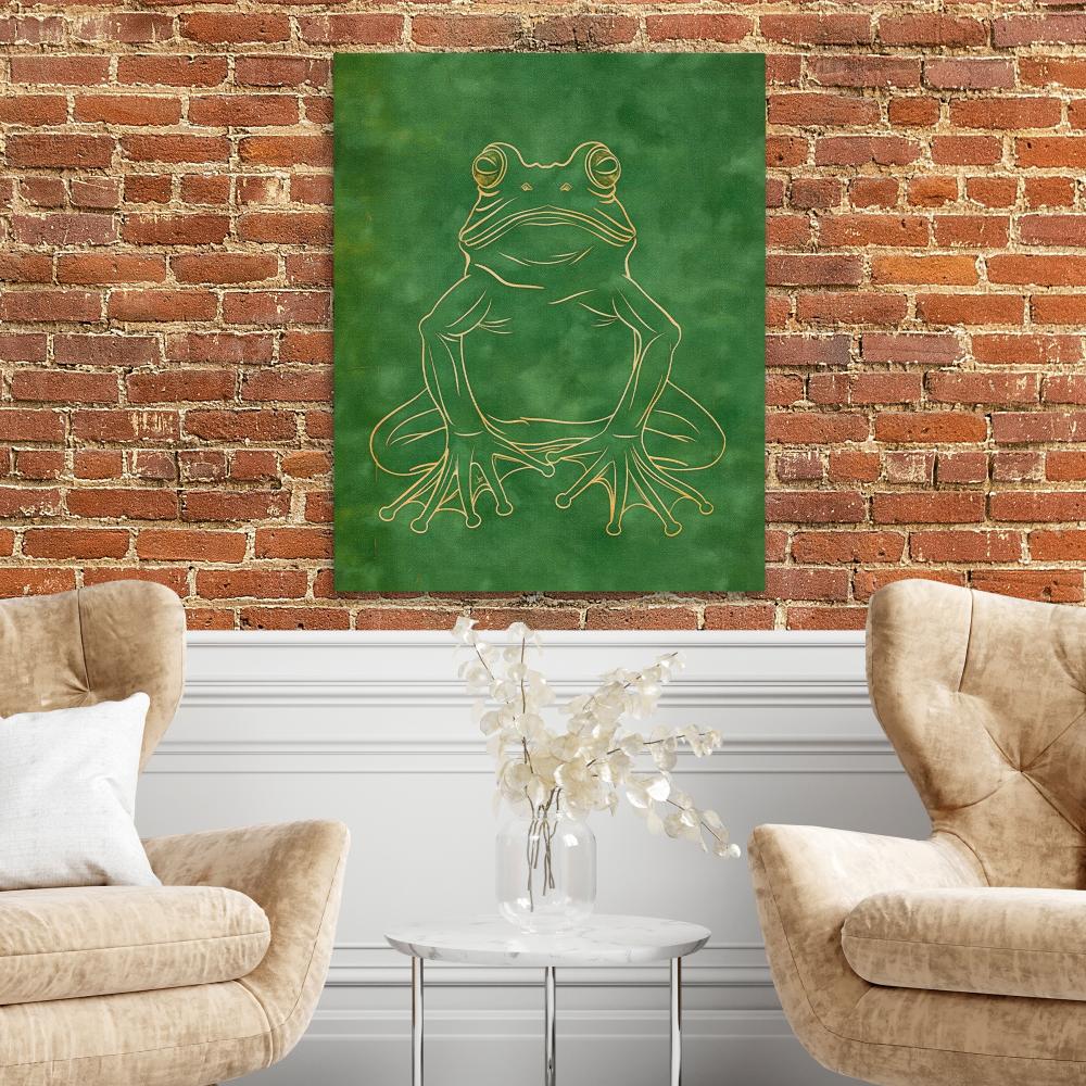 a green frog with gold outline on a green background