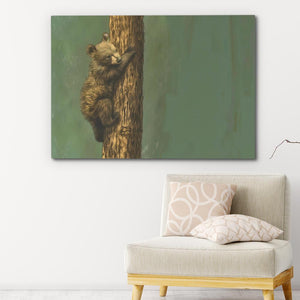 a painting of a baby bear climbing a tree