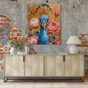 a painting of a peacock on a brick wall