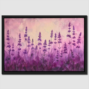 a painting of purple flowers against a pink sky