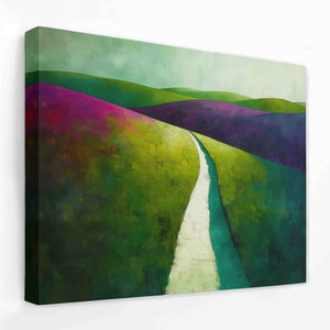 a painting of a road going through a green field