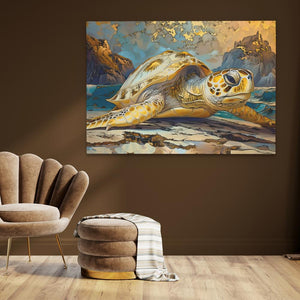 Golden Glow Turtle on a Beach Art Print - Luxury Wall Art 