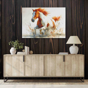 a painting of a horse running on a wooden wall