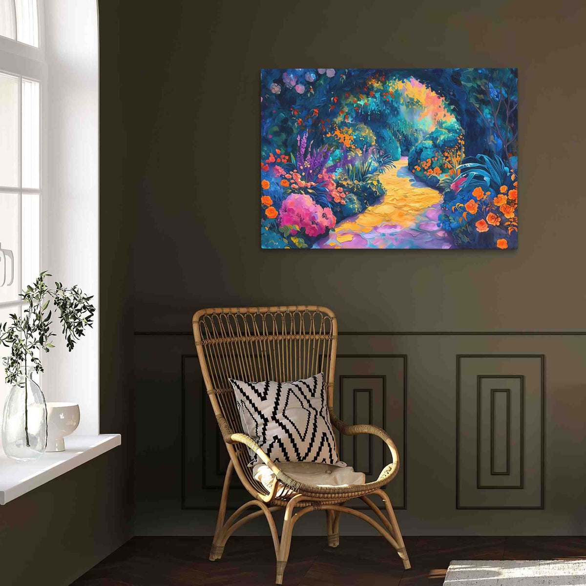 a room with a chair and a painting on the wall