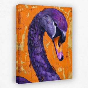 a painting of a purple bird with a yellow background