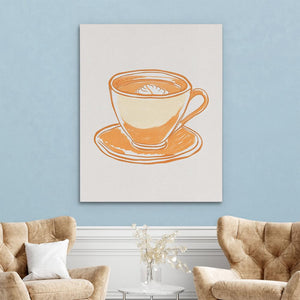 a painting of a cup of coffee on a blue wall