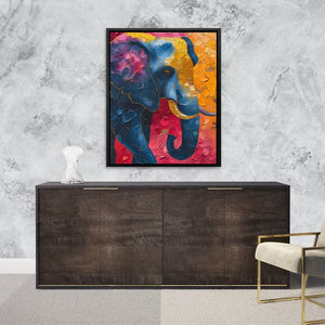 a painting of an elephant on a wall above a dresser