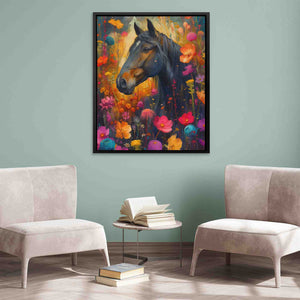 a room with two chairs and a painting of a horse