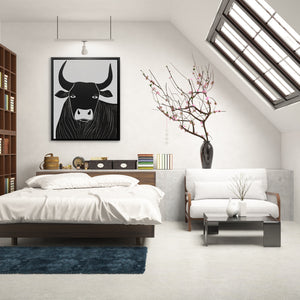 a bed room with a neatly made bed and a book shelf