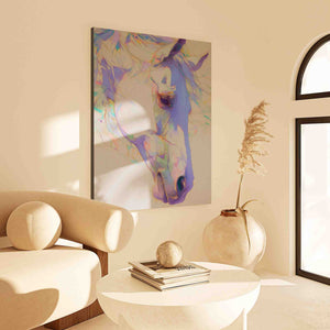 a living room with a horse painting on the wall