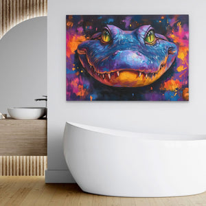 a painting of a dinosaur's face on a wall above a bathtub