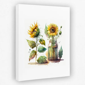 a watercolor painting of sunflowers in a mason jar