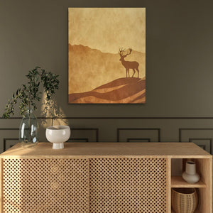 a painting of a deer on a wall above a wooden cabinet