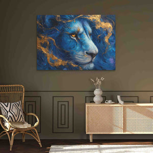 a painting of a blue lion in a living room