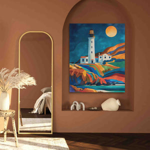 a painting of a lighthouse on a wall next to a mirror