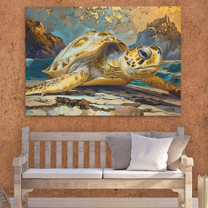 Golden Glow Turtle on a Beach Art Print - Luxury Wall Art 