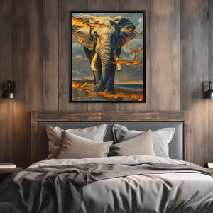 a painting of an elephant on a wall above a bed