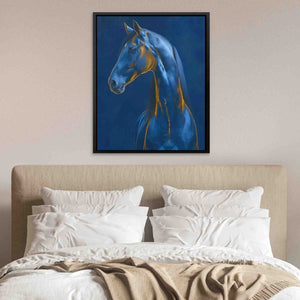 a painting of a horse on a wall above a bed