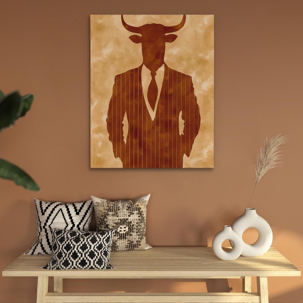 a painting of a bull wearing a suit and tie