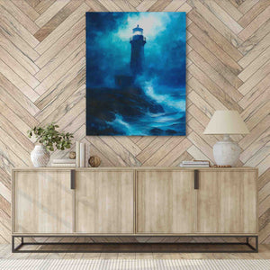 a painting of a lighthouse on a wall