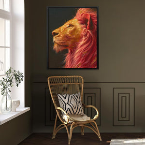 a painting of a lion on a wall above a chair