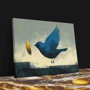 a painting of a blue bird and a yellow leaf