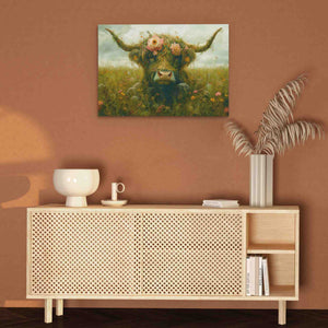 a painting of a cow with flowers on its head