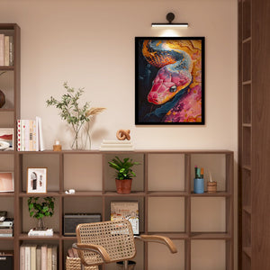 a room with a book shelf and a painting on the wall