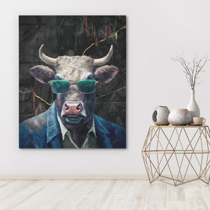 a painting of a cow wearing sunglasses on a wall