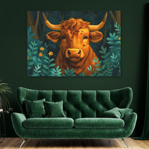 a living room with a green couch and a painting of a cow